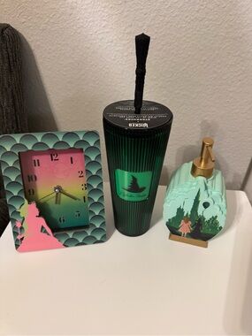 Wicked Green Starbucks Tumbler, clock, shower curtain,  & dispenser.